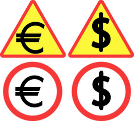 road sign and dollar and euro symbol