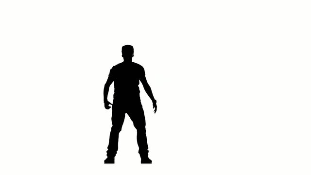 Sporty man dancing hip hop kramp on white background, silhouette