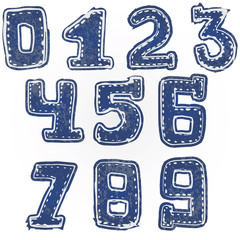 Written numbers 0-9 hand drawn sketch denim style