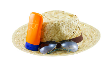 Hat with sunglasses and body lotion on white background