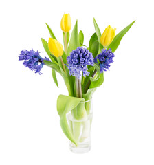Bouquet of fresh tulips and hyacinths isolated on a white