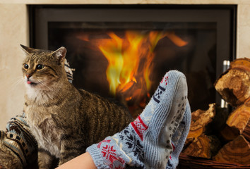 cat and feet in front of the fireplace - obrazy, fototapety, plakaty