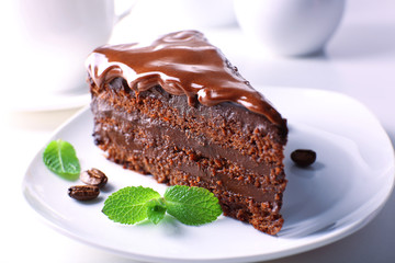 Delicious chocolate cake on plate on table on light background