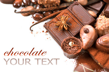 Chocolates border isolated on white background. Chocolate