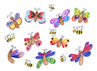 Kinderzeichnung - Schmetterlinge und Bienen