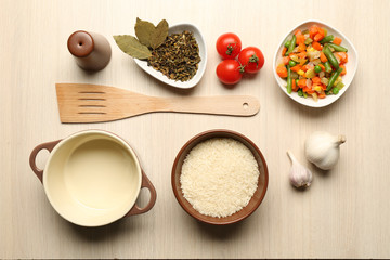 Food ingredients and kitchen utensils for cooking