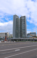 Building is in the form of a book on New Arbat Street in Moscow