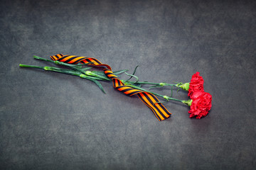 Carnations and St. George ribbon on a dark background