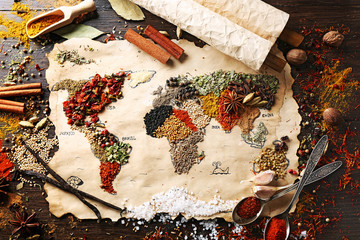 Map of world made from different kinds of spices