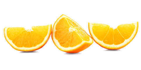 Juicy slices of orange isolated on white