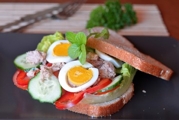 Rye bread sandwich with tuna fish, eggs, tomato and cucumber