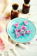 Beautiful spa composition with hyacinth flowers, close up