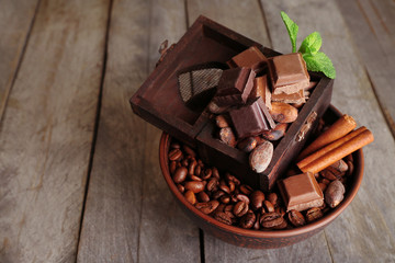 Still life with set of chocolate  and coffee beans