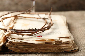 Fototapeta na wymiar Crown of thorns with blood and bible, close up