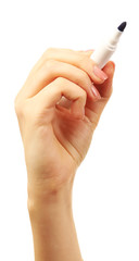 Female hand with marker isolated on white