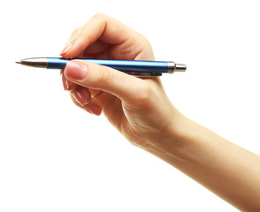 Female hand with pen isolated on white