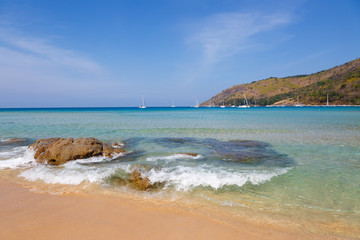 Sea landscape, the boat, the coast, wave
