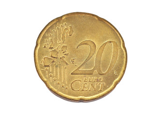 Coin, denominational value 20 euro cent on white background