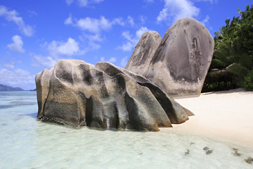 Beautiful huge granite boulders on the beach Anse Source DArgent