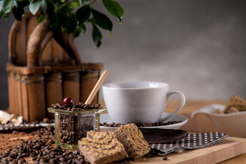 Natural traditional coffee on wooden table