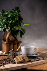 Natural traditional coffee on wooden table