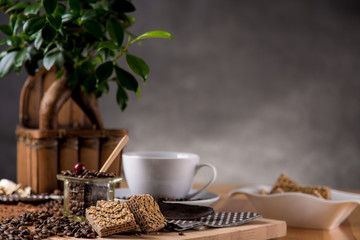 Natural traditional coffee on wooden table