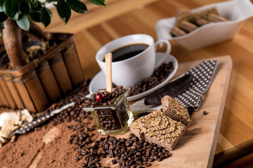 Natural traditional coffee on wooden table