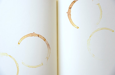 Old open blank book background with prints of coffee
