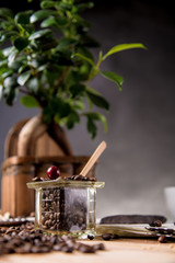 Natural home coffee on wooden table