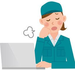 作業員　女性　パソコン　ため息