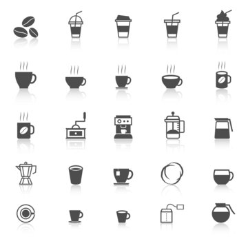 Coffee icons with reflect on white background