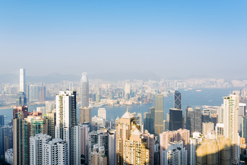 View of skyscrapers in business center of Hong Kong city from th