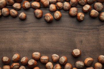 hazelnuts on the brown wooden table