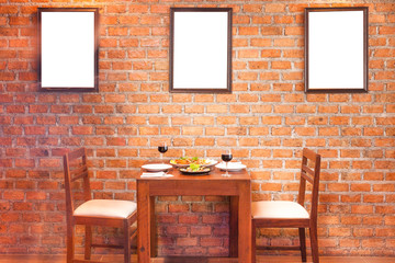 retro restaurant interior with thai food and red wine