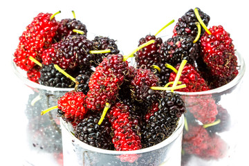 fresh organic mulberry in glasses on white background.