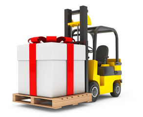 Forklift Truck moves Huge Gift Box