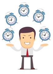 Businessman juggling with alarm clocks, symbolizing time