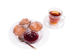 Close up of sliced cake with tea