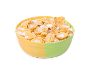 Bowl of corn flakes with milk.