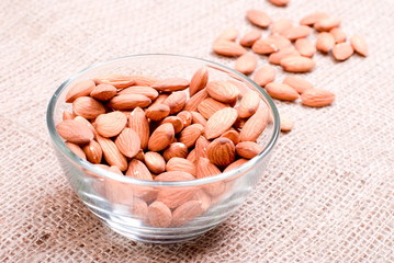 Almonds on the table top view