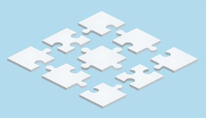 Flat Puzzle in isometric design on blue background