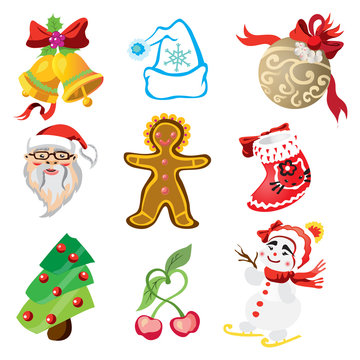 Vector set of christmas icons in cartoon style. Art -