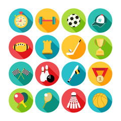 Set of sport icons in flat design with long shadows.