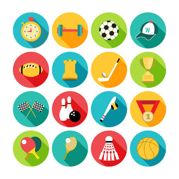 Set of sport icons in flat design with long shadows.