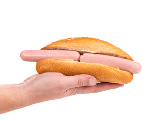 Hand holding hot dog.