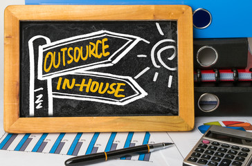 outsource or in-house signpost hand drawing on blackboard