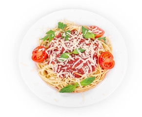 Pasta with tomato sauce and basil.