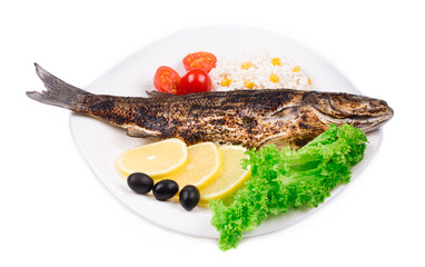 Grilled seabass on plate.