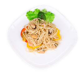 Tasty italian pasta with seafood as haute cuisine.