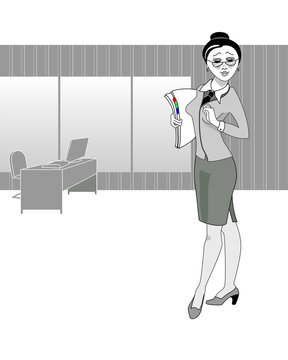 Girl secretary with documents in the office. Gray scale image.